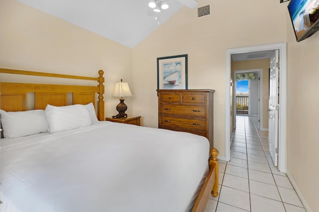 bedroom featuring light tile patterned floors, baseboards, visible vents, a ceiling fan, and high vaulted ceiling