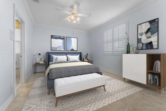 carpeted bedroom with ceiling fan and ornamental molding