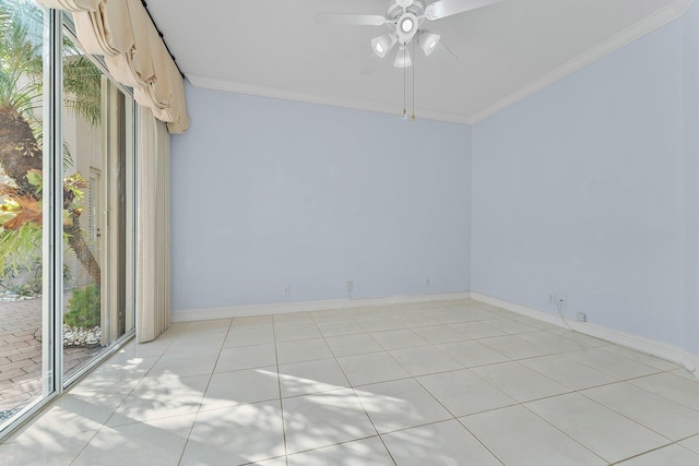 unfurnished room with crown molding, ceiling fan, and light tile patterned floors