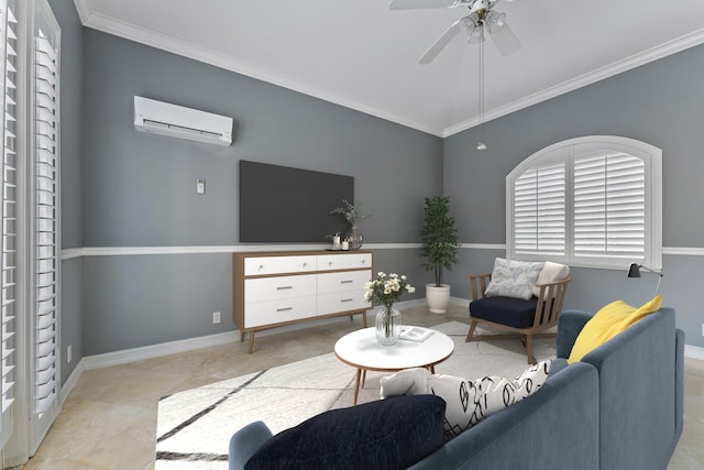 living room featuring a wall unit AC, crown molding, and ceiling fan