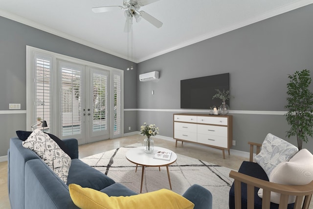 living room with a wall unit AC, ceiling fan, french doors, and crown molding