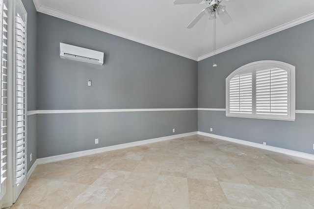 spare room with ceiling fan, an AC wall unit, and crown molding