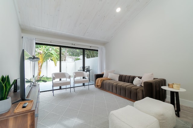 living room with a healthy amount of sunlight and wood ceiling