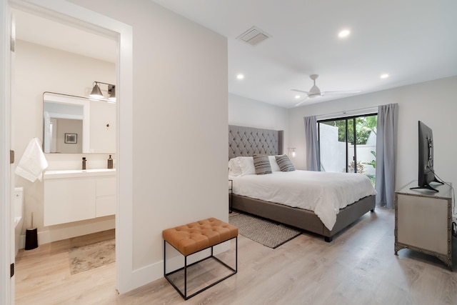 bedroom featuring ceiling fan, light hardwood / wood-style floors, and access to outside