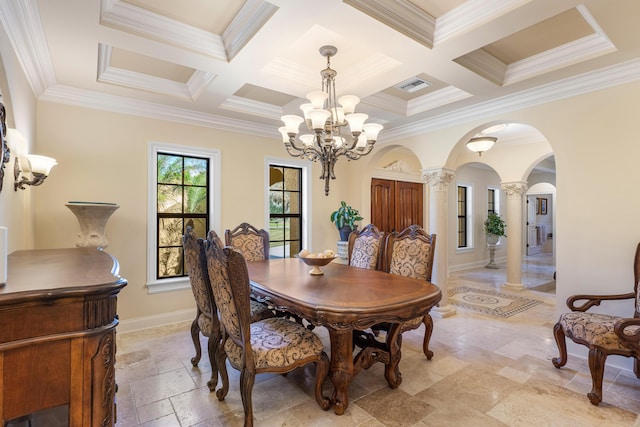 dining space with coffered ceiling, beam ceiling, and a chandelier