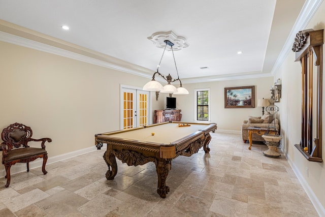 playroom with french doors, pool table, and ornamental molding