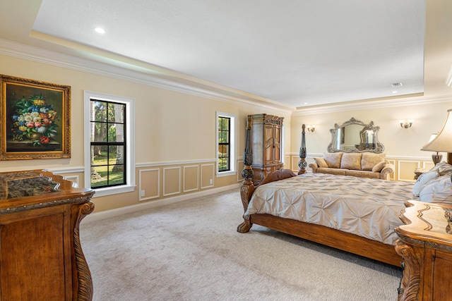 bedroom featuring light carpet and crown molding