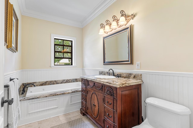 bathroom with vanity, a tub to relax in, crown molding, and toilet