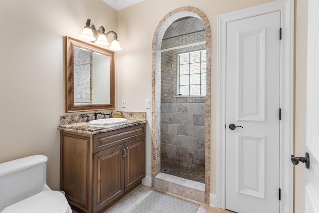 bathroom with a tile shower, vanity, and toilet