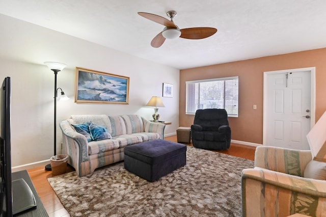 living room featuring ceiling fan and light wood-type flooring