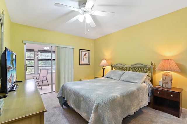 bedroom with ceiling fan and light colored carpet