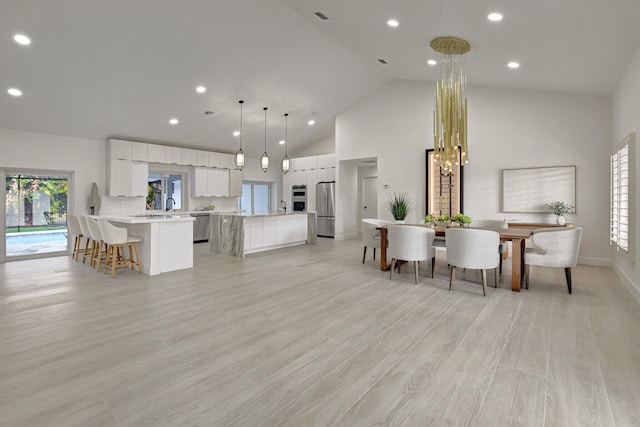 interior space featuring light hardwood / wood-style flooring, high vaulted ceiling, and sink