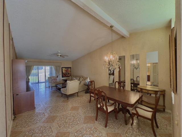 dining room with a textured ceiling, lofted ceiling with beams, and ceiling fan with notable chandelier