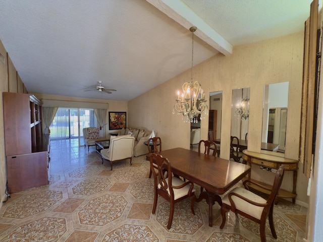 dining area with a textured ceiling, ceiling fan with notable chandelier, and vaulted ceiling with beams