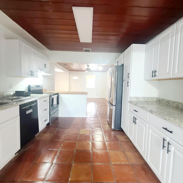 kitchen featuring wood ceiling, stainless steel appliances, white cabinets, and light stone counters