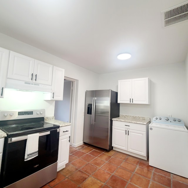 kitchen featuring appliances with stainless steel finishes, white cabinetry, and washer / clothes dryer