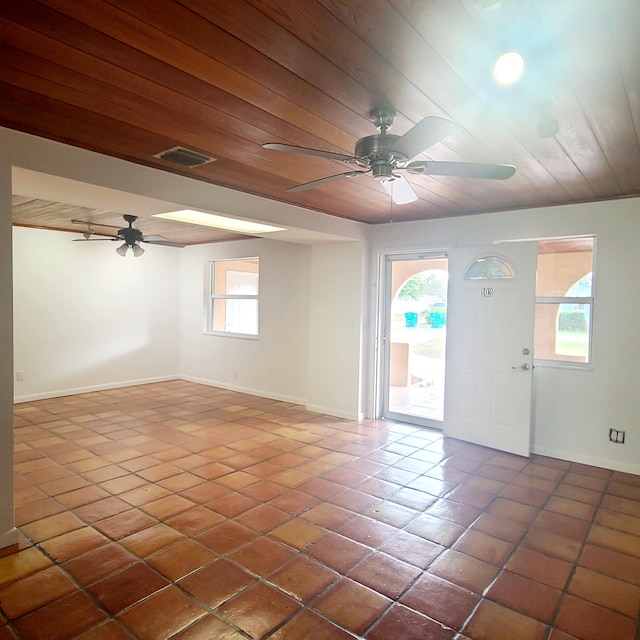 spare room featuring ceiling fan and wood ceiling