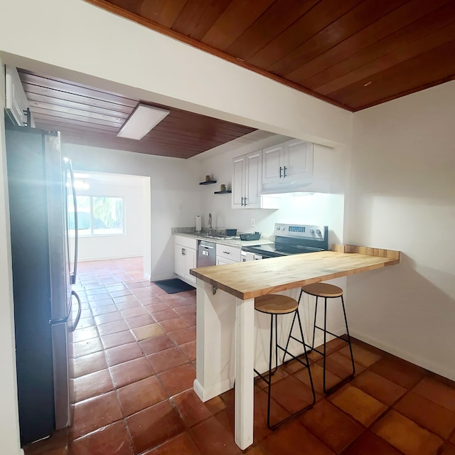 kitchen featuring stainless steel appliances, wooden ceiling, white cabinets, and a kitchen breakfast bar