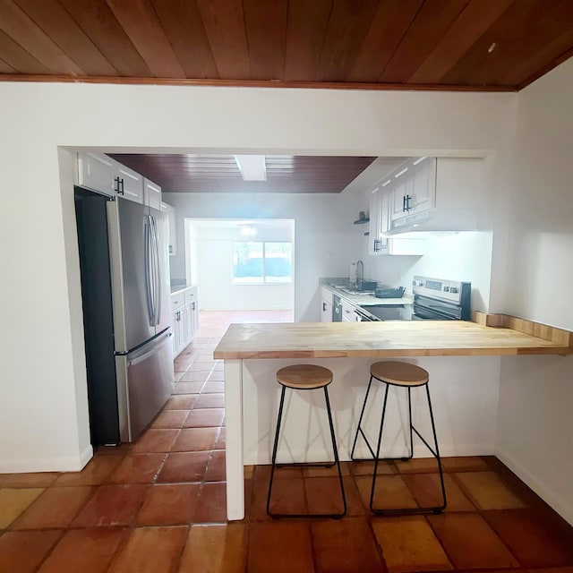 kitchen with stainless steel appliances, white cabinets, kitchen peninsula, a breakfast bar area, and wood ceiling