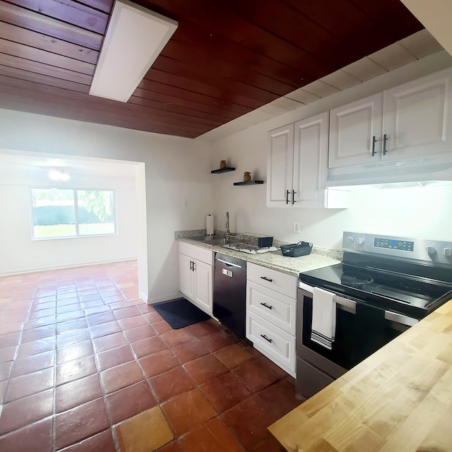 kitchen with dishwasher, white cabinetry, stainless steel electric range oven, wooden ceiling, and sink