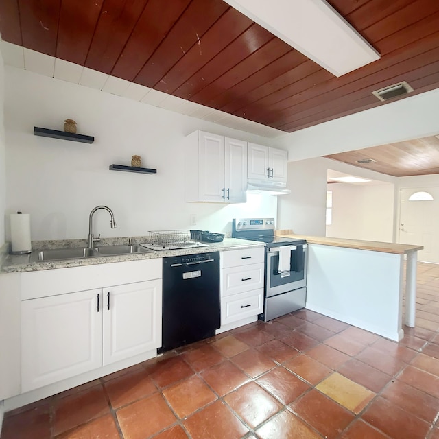 kitchen featuring sink, white cabinetry, black dishwasher, electric stove, and wood ceiling