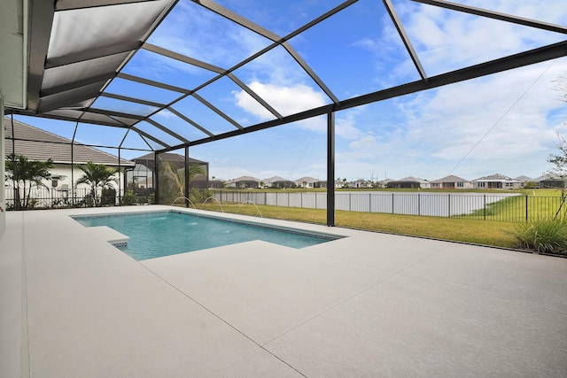 view of pool with a fenced in pool, a yard, a patio area, fence, and a residential view