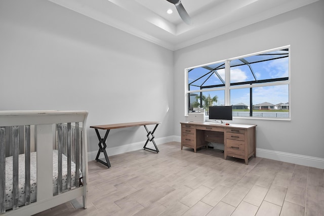 office with ceiling fan, recessed lighting, light wood-style flooring, and baseboards