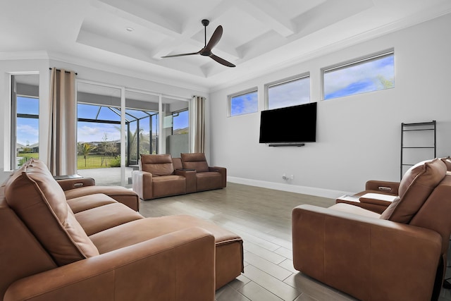 living area featuring coffered ceiling, a ceiling fan, baseboards, light wood finished floors, and beamed ceiling