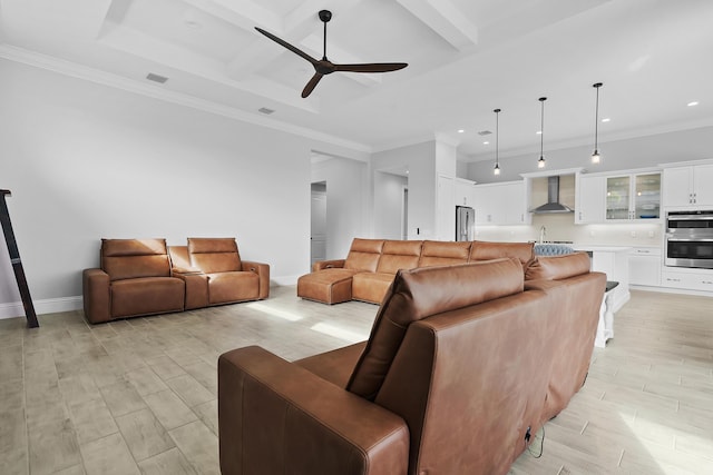 living area with beam ceiling, a ceiling fan, visible vents, and wood tiled floor