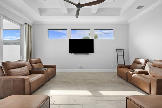 living room featuring ceiling fan and crown molding