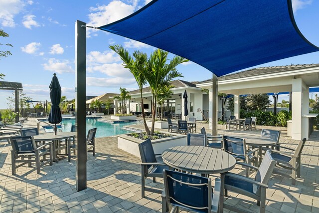 view of pool featuring a patio area and ceiling fan