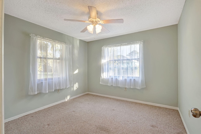 carpeted spare room featuring ceiling fan, a wealth of natural light, and a textured ceiling