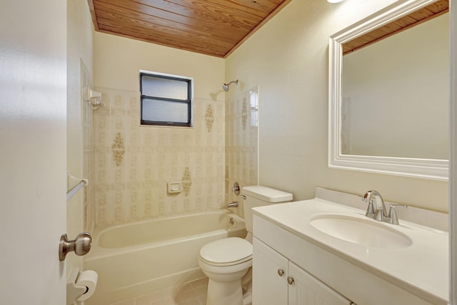 full bathroom with toilet, wood ceiling, vanity, tiled shower / bath combo, and tile patterned flooring