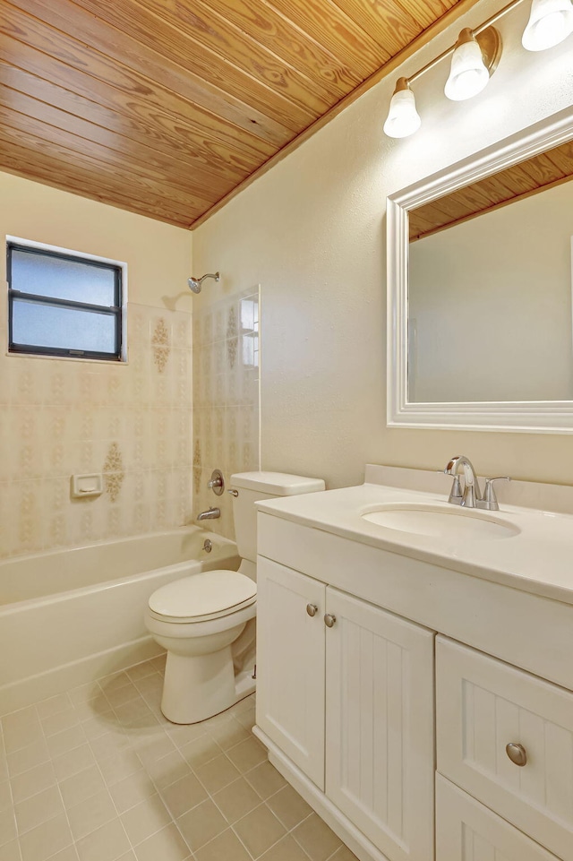 full bathroom with tiled shower / bath combo, vanity, tile patterned flooring, toilet, and wooden ceiling