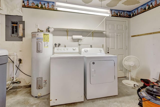 laundry area featuring electric water heater, washing machine and clothes dryer, and electric panel