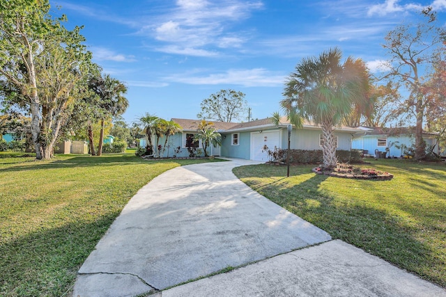 single story home with a garage and a front yard