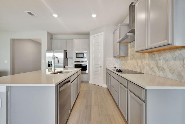 kitchen with gray cabinetry, sink, wall chimney exhaust hood, stainless steel appliances, and an island with sink