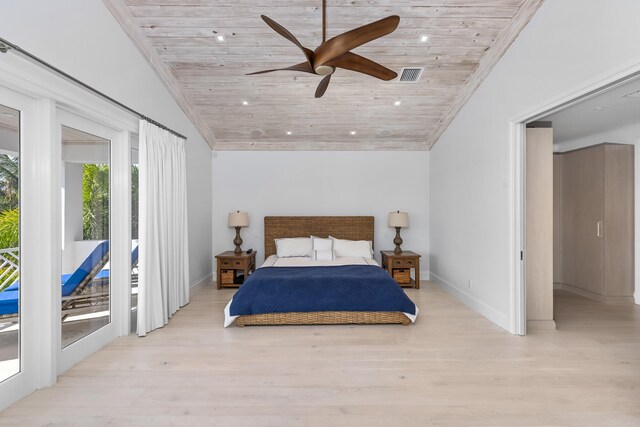 bedroom featuring access to exterior, ceiling fan, light hardwood / wood-style flooring, and wood ceiling