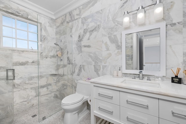 bathroom featuring walk in shower, ornamental molding, vanity, tile walls, and toilet