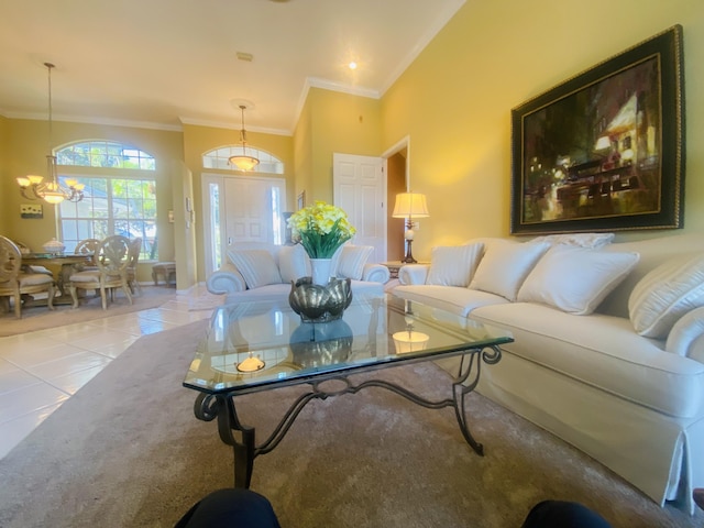 tiled living room featuring crown molding and an inviting chandelier