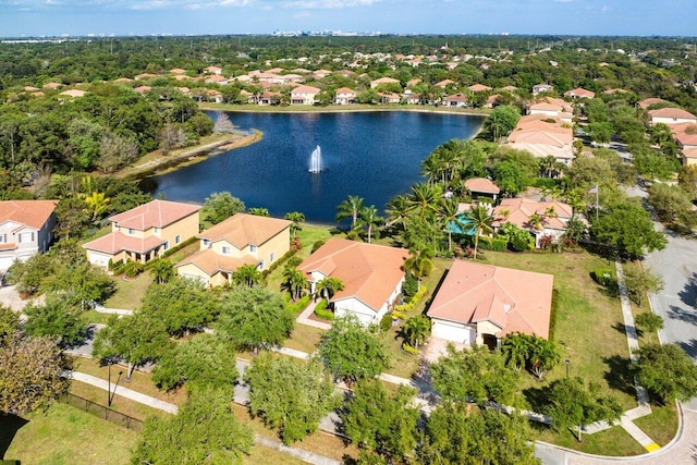 drone / aerial view with a water view and a residential view