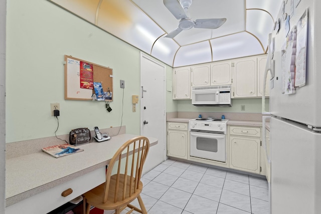 kitchen featuring white cabinetry, ceiling fan, light tile patterned flooring, and white appliances