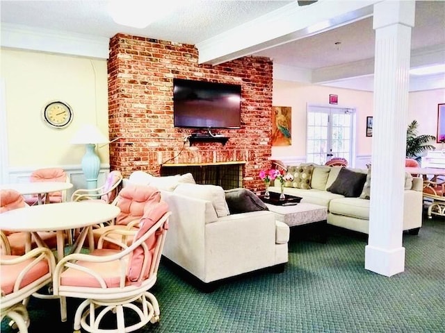 living room featuring a brick fireplace, dark colored carpet, beamed ceiling, crown molding, and a textured ceiling