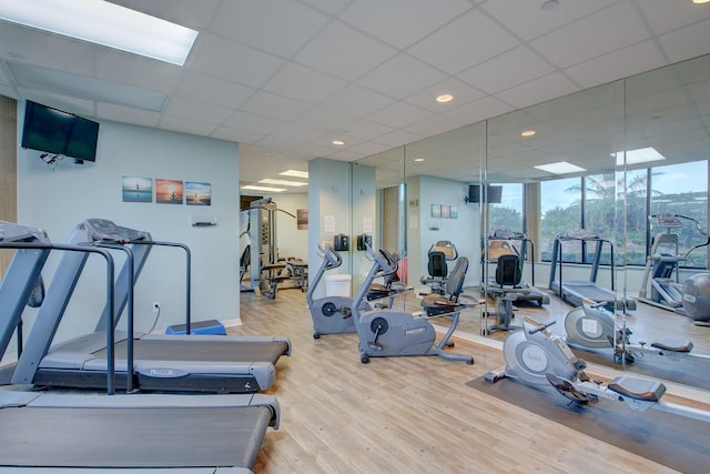 gym with a paneled ceiling, expansive windows, and light hardwood / wood-style floors