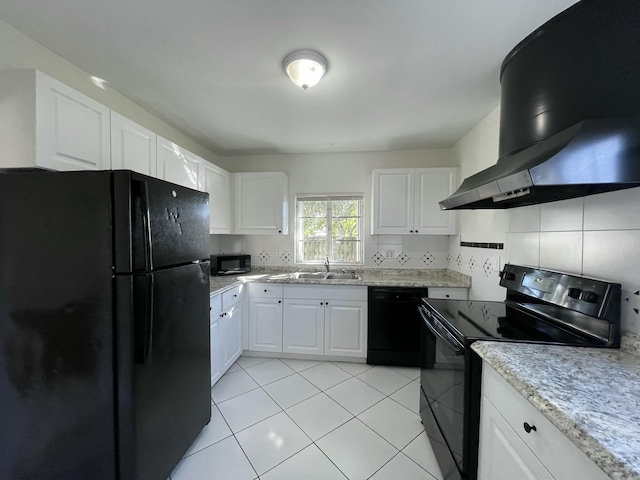 kitchen featuring extractor fan, sink, white cabinetry, black appliances, and tasteful backsplash