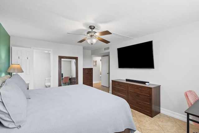 bedroom featuring ceiling fan and light tile patterned flooring