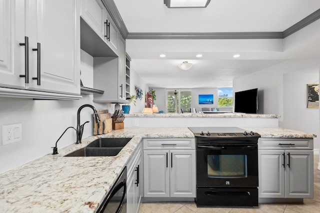 kitchen with sink, range with electric cooktop, gray cabinetry, and light stone countertops