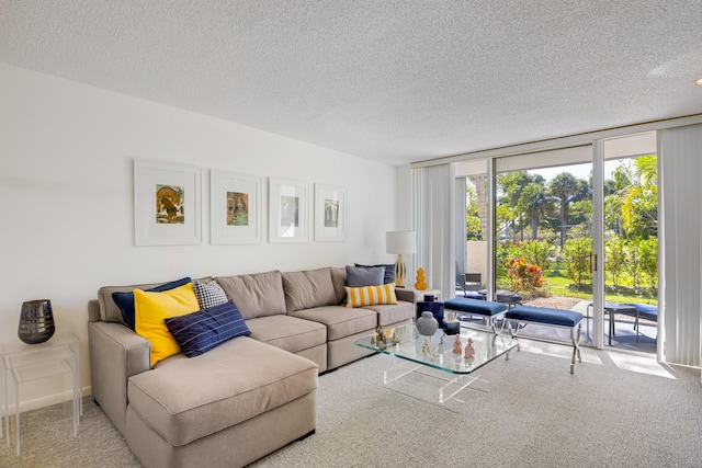 carpeted living room featuring a wall of windows and a textured ceiling