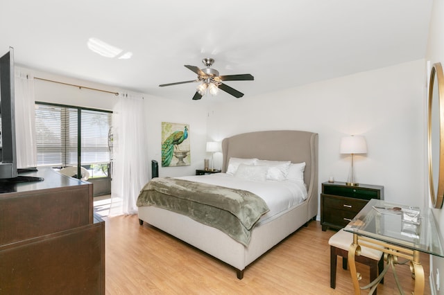 bedroom featuring ceiling fan and light hardwood / wood-style flooring