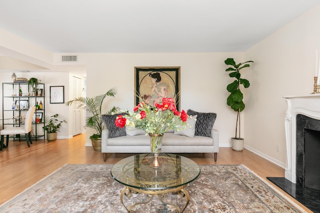 living area featuring hardwood / wood-style floors and a premium fireplace